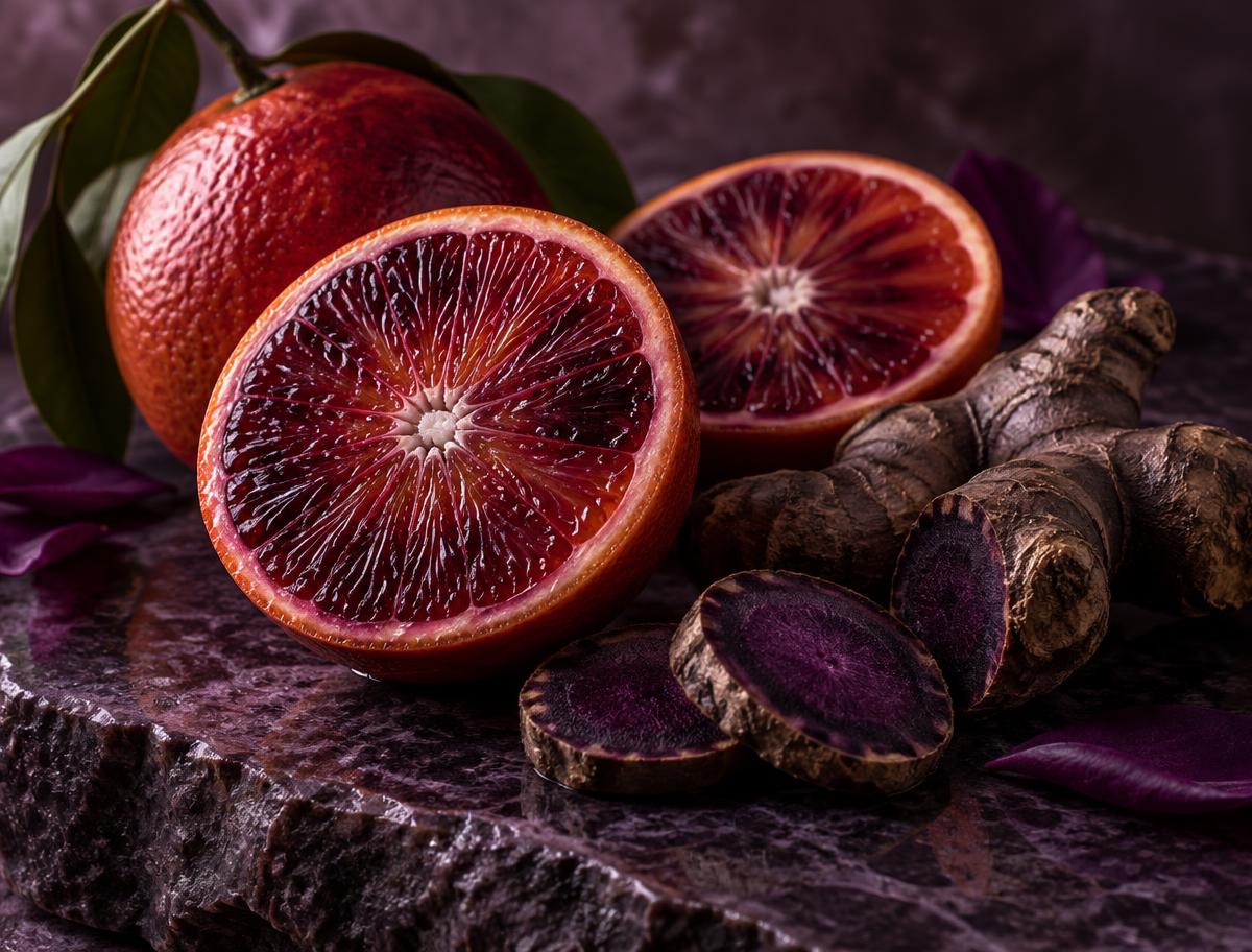 Blood oranges and black ginger arranged on dark stone