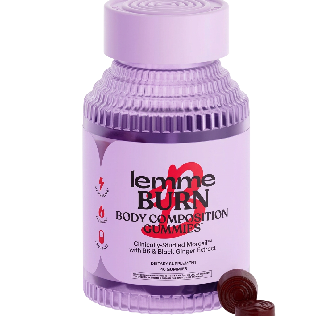 Lemme Burn Body Composition Gummies bottle with two berry gummies